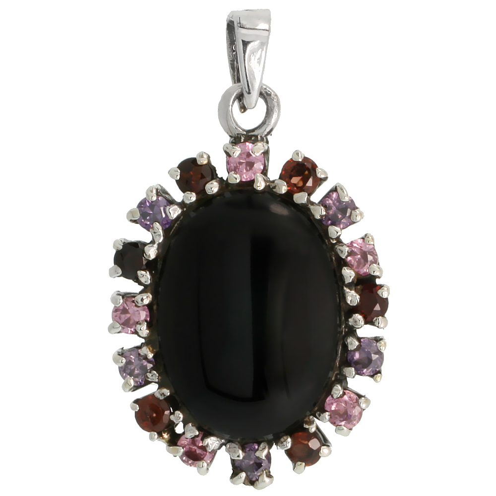 STERLING SILVER MARCASITE CLUSTER PENDANT, W/ OVAL CABOCHON 20X15 MM JET STONE, 1 5/16" (33 MM) TALL