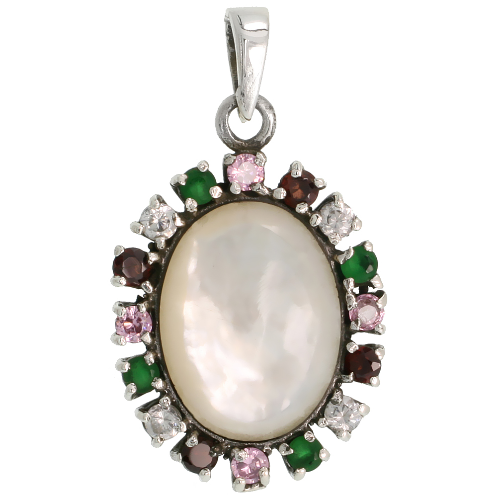 STERLING SILVER MARCASITE CLUSTER PENDANT, W/ OVAL CABOCHON 20X15 MM MOTHER OF PEARL, 1 5/16" (33 MM) TALL