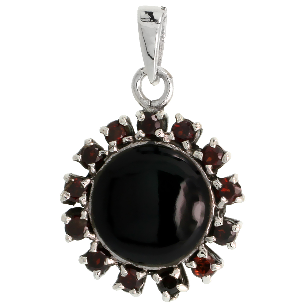 STERLING SILVER MARCASITE CLUSTER PENDANT, W/ ROUND CABOCHON 14 MM JET STONE & BRILLIANT CUT GARNET STONES, 1 1/16" (27 MM) TALL