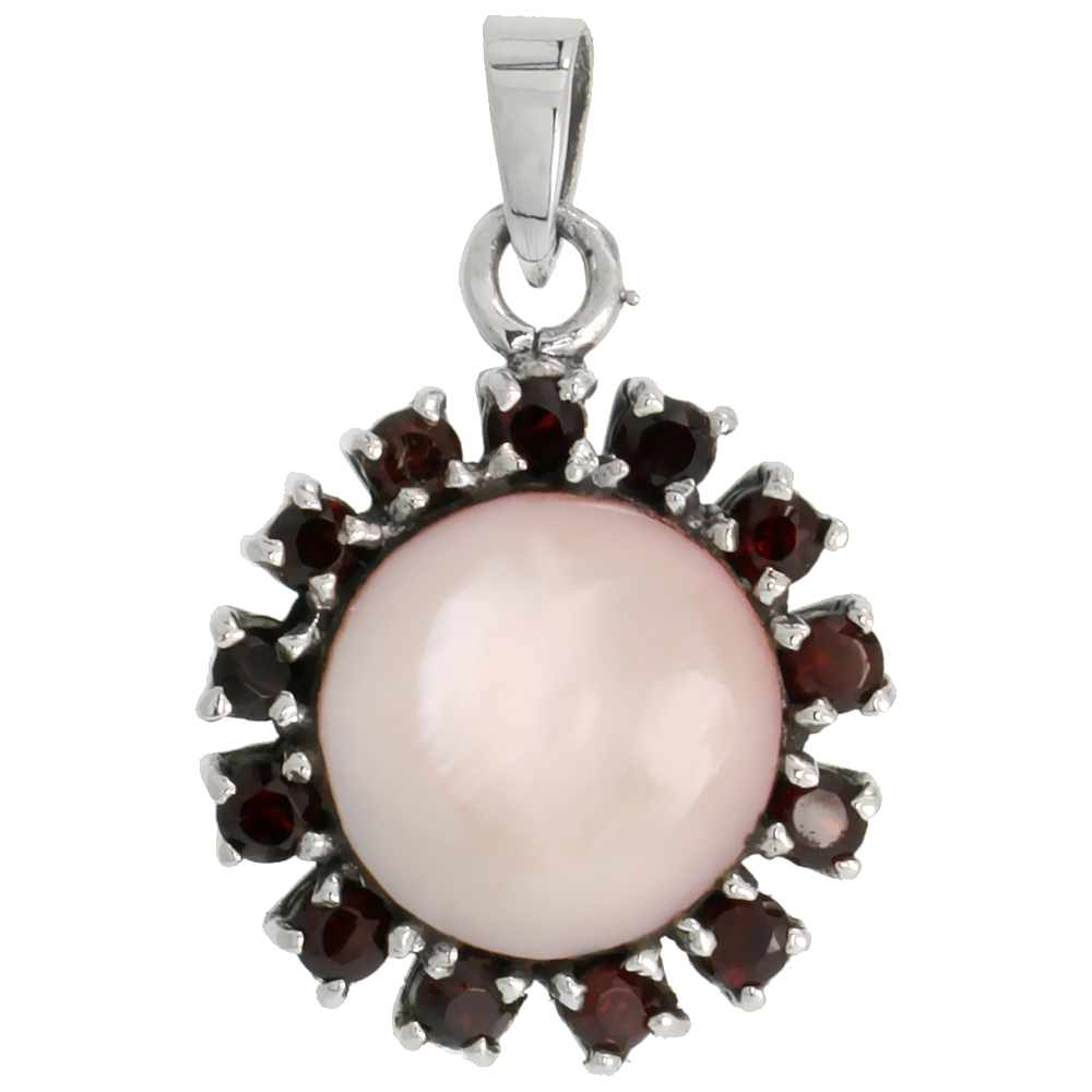 STERLING SILVER MARCASITE CLUSTER PENDANT, W/ ROUND CABOCHON 14 MM MOTHER OF PEARL & BRILLIANT CUT GARNET STONES, 1 1/16" (27 MM) TALL