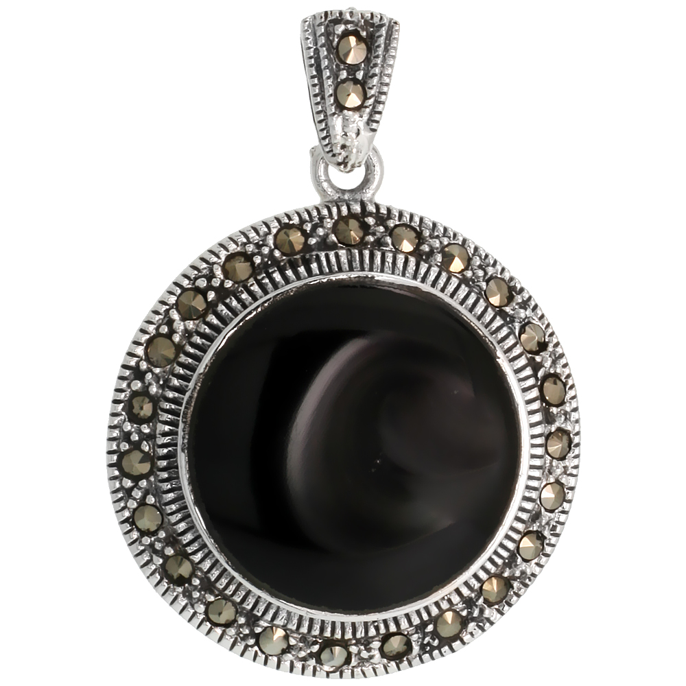 STERLING SILVER MARCASITE ROUND PENDANT, W/ CABOCHON CUT 21 MM JET STONE, 1 3/8" (34 MM) TALL