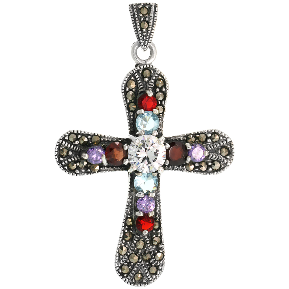 STERLING SILVER MARCASITE ROUNDED CROSS PENDANT, W/ BRILLIANT CUT CLEAR, AMETHYST, BLUE TOPAZ & GARNET STONES, 2 1/16" (52 MM) TALL