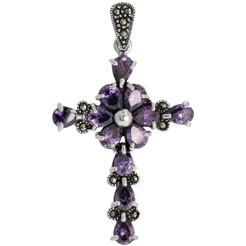 STERLING SILVER MARCASITE FLORAL CROSS PENDANT, W/ PEAR CUT AMETHYST CZ STONES, 2" (51 MM) TALL