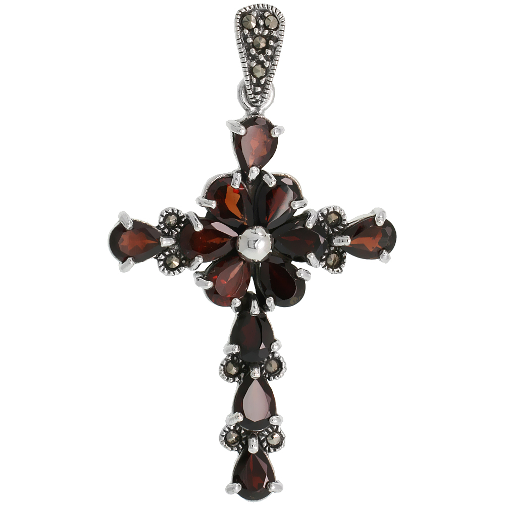 STERLING SILVER MARCASITE FLORAL CROSS PENDANT, W/ PEAR CUT GARNET STONES, 2" (51 MM) TALL