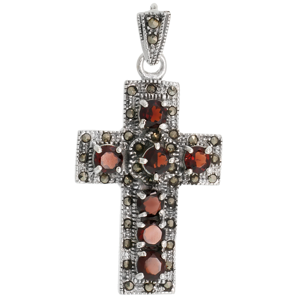 STERLING SILVER MARCASITE LATIN CROSS PENDANT, W/ BRILLIANT CUT 5 MM GARNET STONES, 1 11/16" (43 MM) TALL
