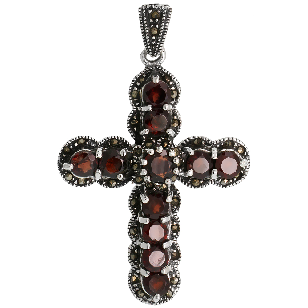 STERLING SILVER MARCASITE CURVY CROSS PENDANT, W/ BRILLIANT CUT 5 MM GARNET STONES, 1 15/16" (49 MM) TALL