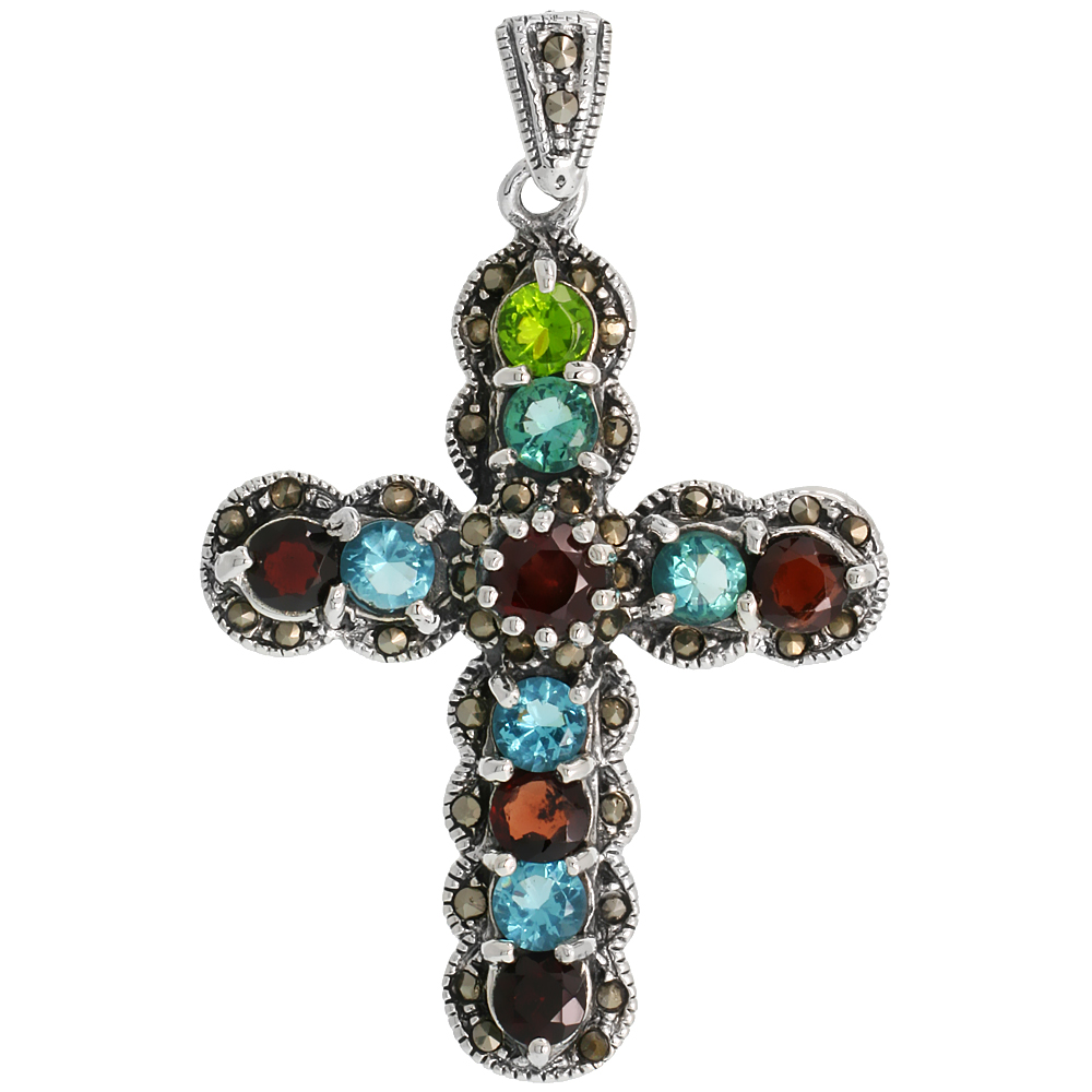 STERLING SILVER MARCASITE CURVY CROSS PENDANT, W/ BRILLIANT CUT 5 MM PERIDOT, BLUE TOPAZ & GARNET STONES, 1 15/16" (49 MM) TALL
