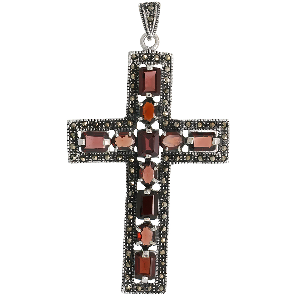 STERLING SILVER MARCASITE LATIN CROSS PENDANT, W/ OVAL & EMERALD CUT GARNET STONES, 1 15/16" (49 MM) TALL