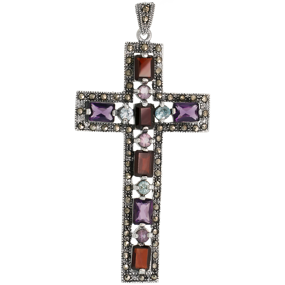 STERLING SILVER MARCASITE LATIN CROSS PENDANT, W/ BRILLIANT & EMERALD CUT MULTI CZ STONES, 3" (76 MM) TALL
