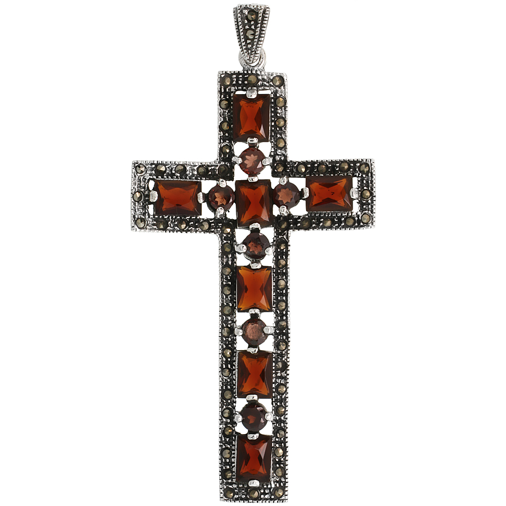 STERLING SILVER MARCASITE LATIN CROSS PENDANT, W/ BRILLIANT & EMERALD CUT GARNET STONES, 3" (76 MM) TALL