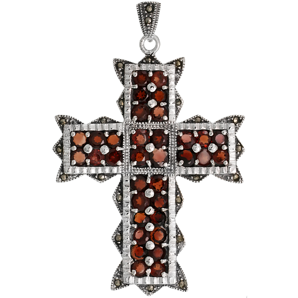 STERLING SILVER MARCASITE WAVY CROSS PENDANT, W/ BRILLIANT CUT GARNET STONES, 2 9/16" (66 MM) TALL