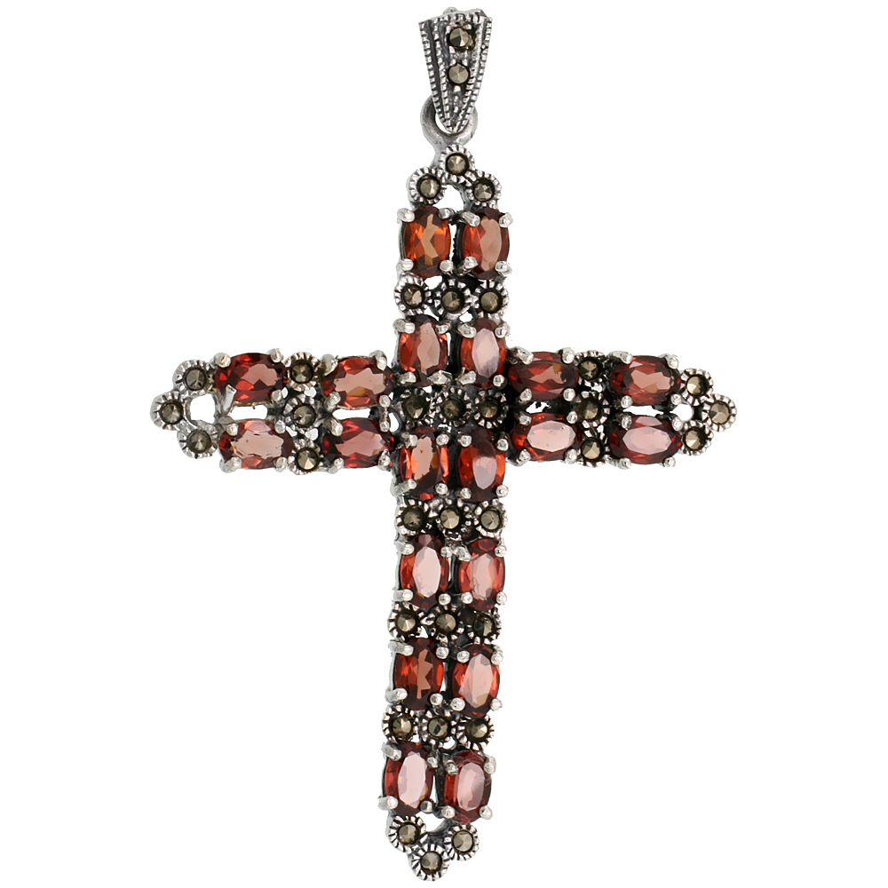 STERLING SILVER MARCASITE SWORD CROSS PENDANT, W/ OVAL CUT 6X4 MM GARNET STONES, 2 9/16" (65 MM) TALL