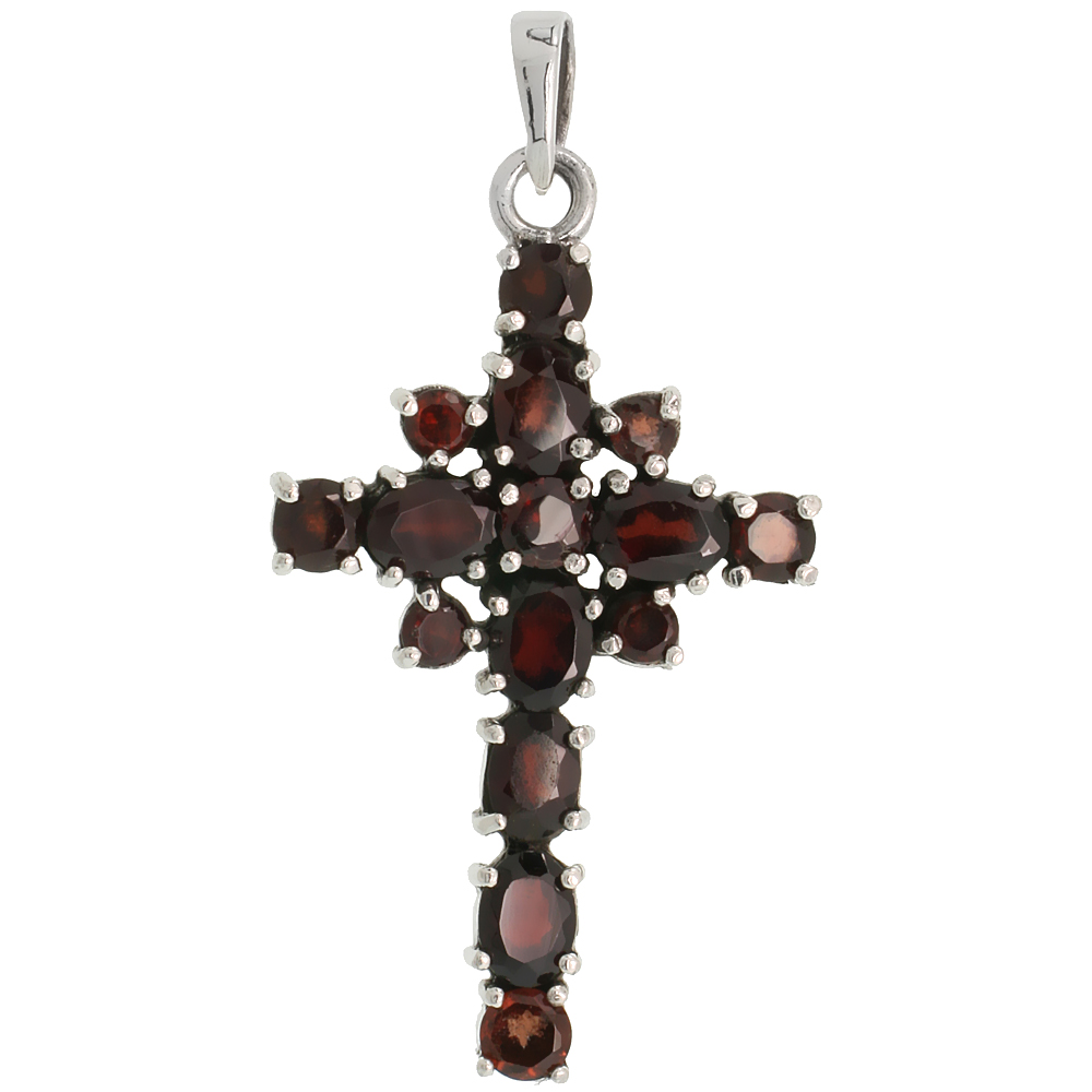 STERLING SILVER MARCASITE FLORAL CROSS PENDANT, W/ OVAL & BRILLIANT CUT GARNET STONES, 1 7/8" (47 MM) TALL
