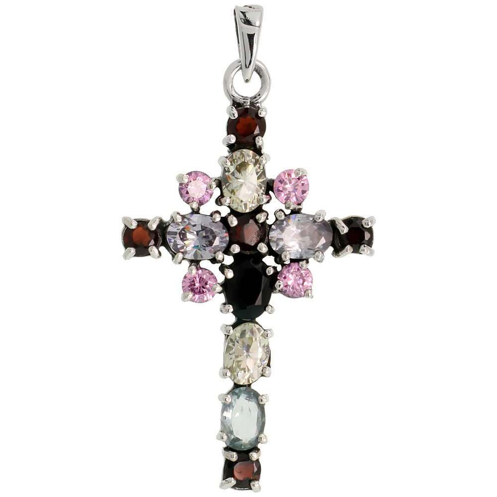 STERLING SILVER MARCASITE FLORAL CROSS PENDANT, W/ OVAL & BRILLIANT CUT MULTI CZ STONES, 1 7/8" (47 MM) TALL