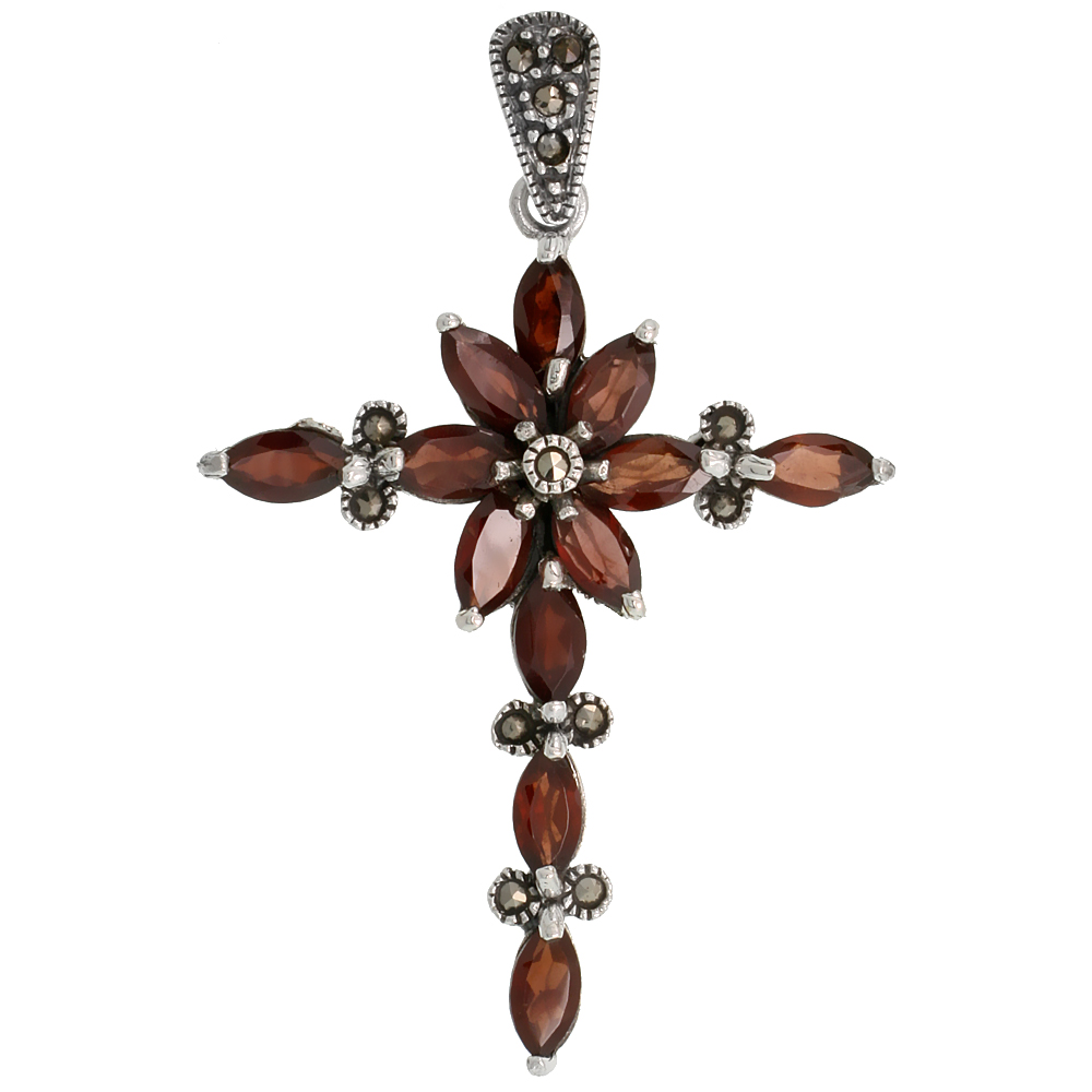 STERLING SILVER MARCASITE FLORAL CROSS PENDANT, W/ MARQUISE CUT 8X4 MM GARNET STONES, 1 15/16" (49 MM) TALL