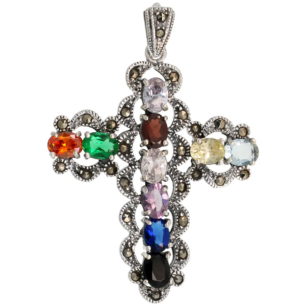 STERLING SILVER MARCASITE CURVY CROSS PENDANT, W/ OVAL CUT 7X5 MM MULTI CZ STONES, 2" (50 MM) TALL