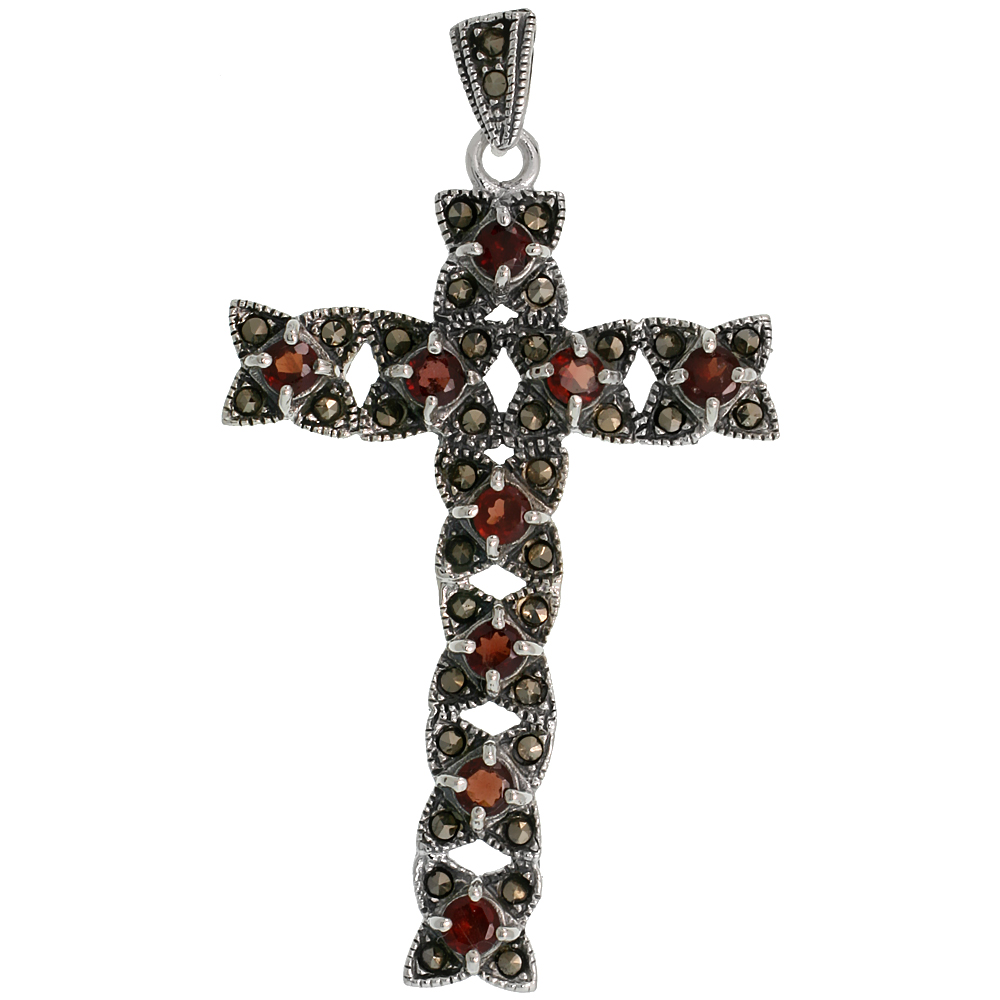 STERLING SILVER MARCASITE CRISSCROSS CROSS PENDANT, W/ BRILLIANT CUT 4 MM GARNET STONES, 2 3/8" (61 MM) TALL