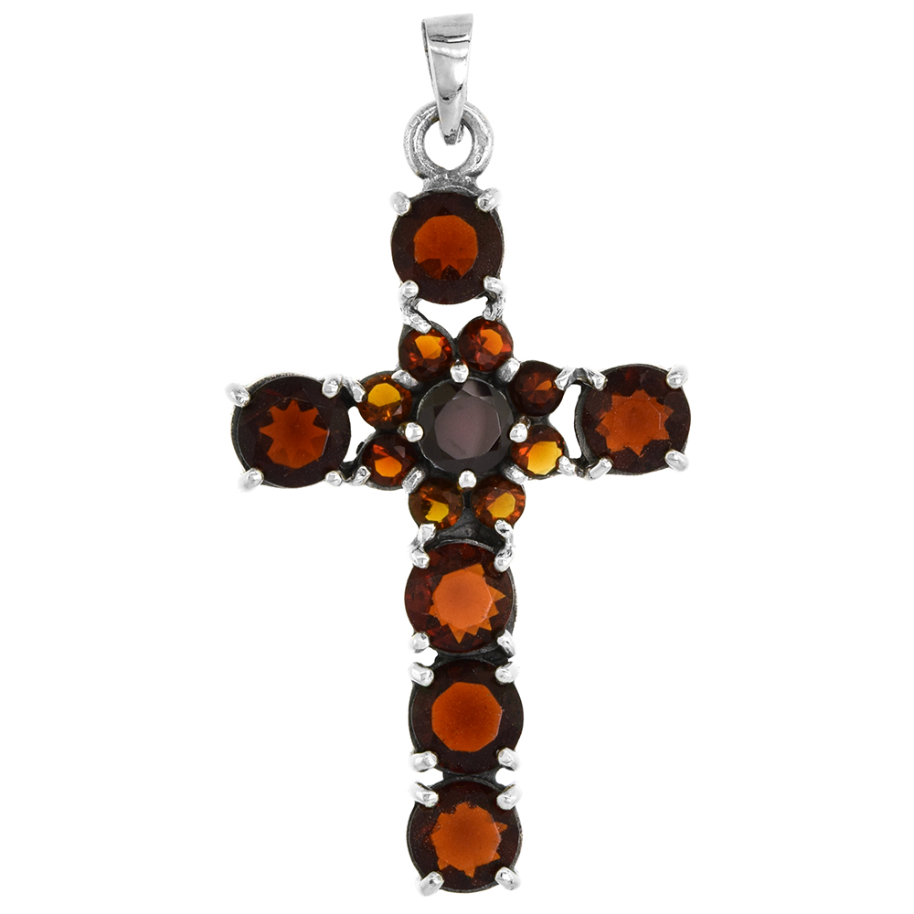 STERLING SILVER MARCASITE FLORAL CROSS PENDANT, W/ BRILLIANT CUT GARNET STONES, 2" (50 MM) TALL