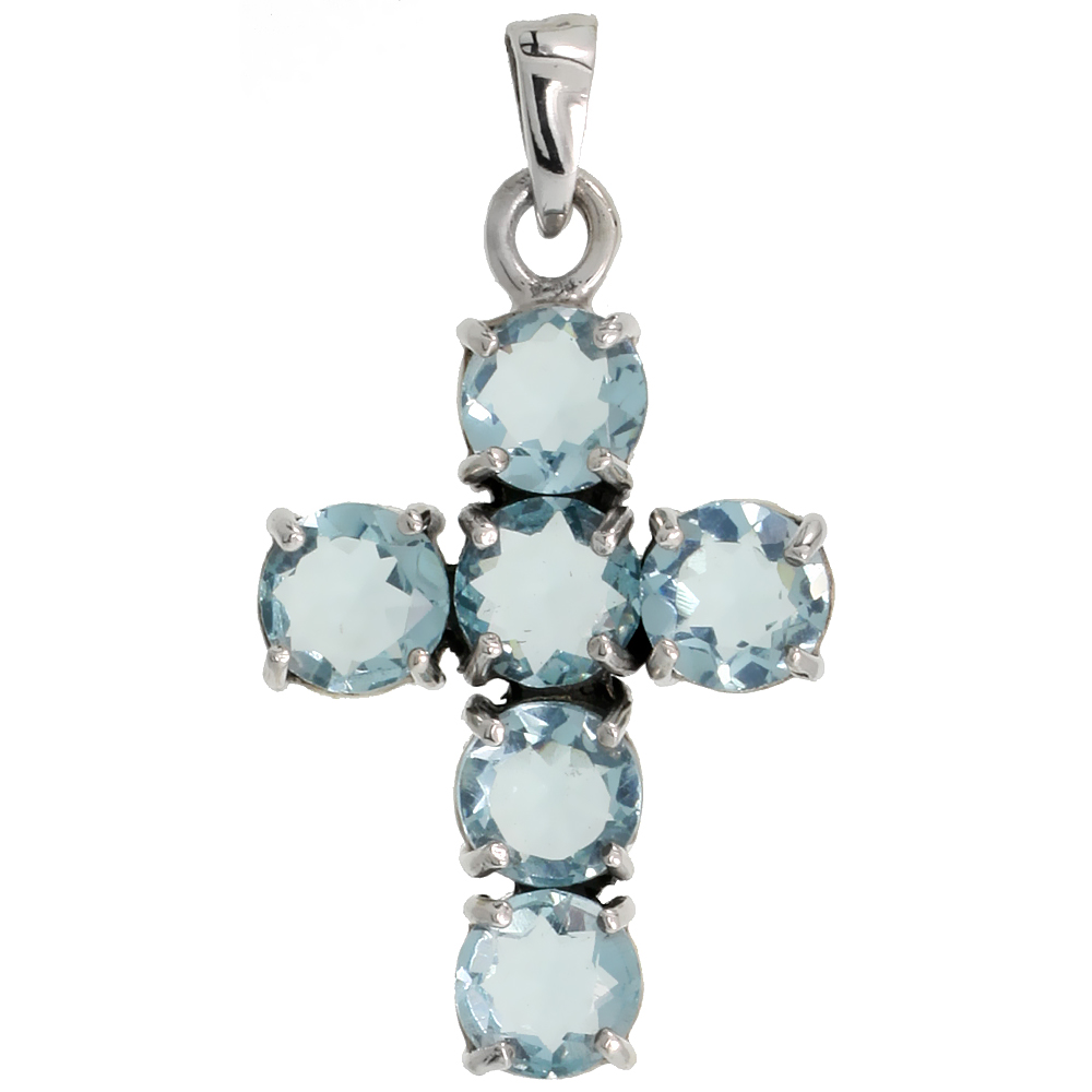STERLING SILVER MARCASITE CROSS PENDANT, W/ BRILLIANT CUT 7MM BLUE TOPAZ CZ STONES, 1 3/8" (35 MM) TALL