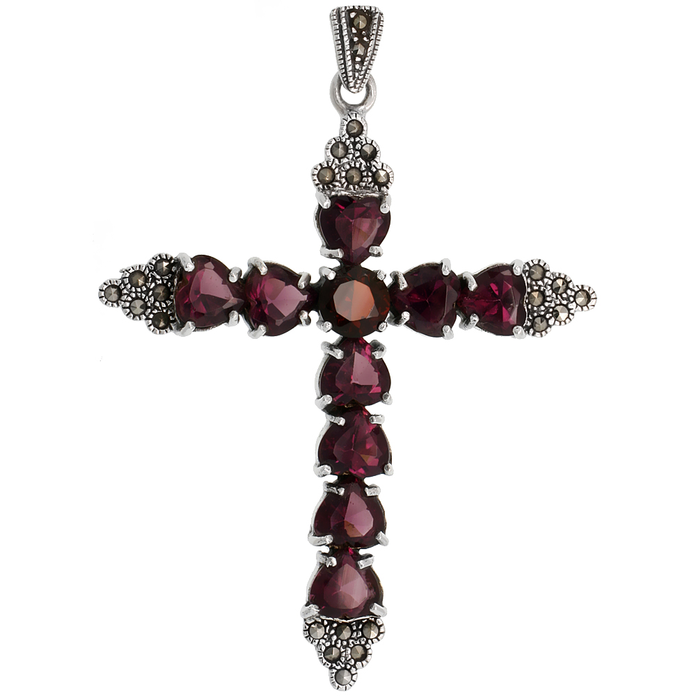 STERLING SILVER MARCASITE CROSS FLEURY PENDANT, W/ BRILLIANT CUT GARNET COLOR & HEART SHAPE AMETHYST CZ STONES, 2 3/4" (70 MM) TALL