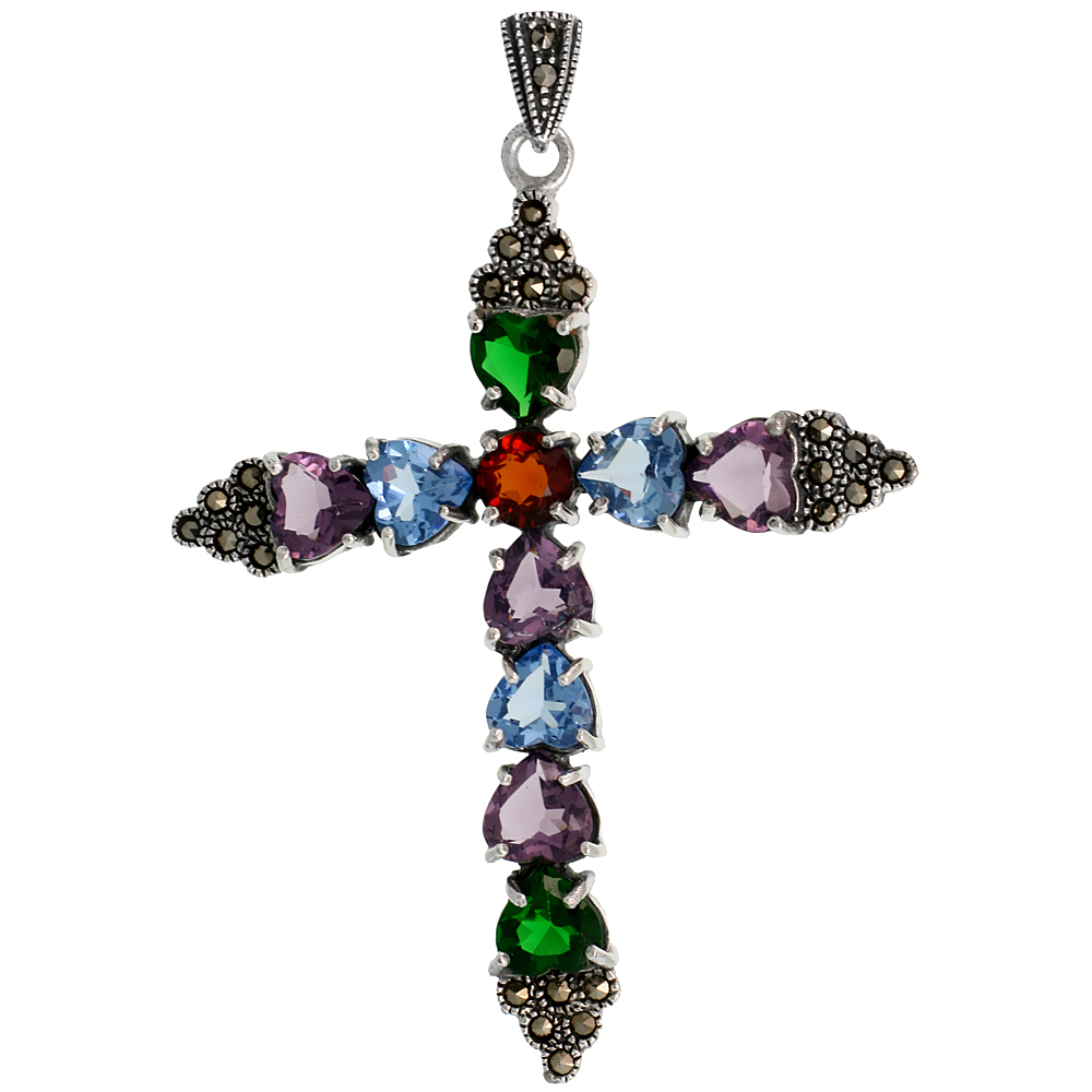 STERLING SILVER MARCASITE CROSS FLEURY PENDANT, W/ BRILLIANT CUT & HEART SHAPE MULTI CZ STONES, 2 3/4" (70 MM) TALL