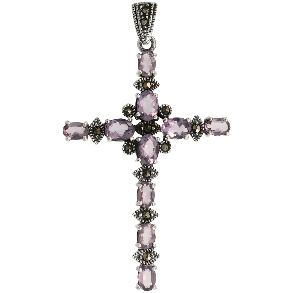 STERLING SILVER MARCASITE FLORAL CROSS PENDANT, W/ OVAL CUT AMETHYST CZ STONES, 2 5/16" (59 MM) TALL