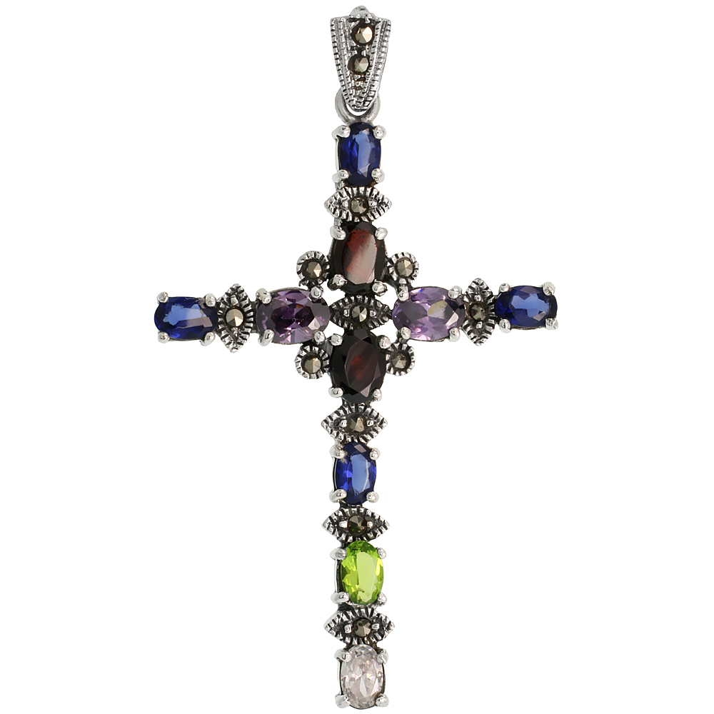 STERLING SILVER MARCASITE FLORAL CROSS PENDANT, W/ OVAL CUT MULTI CZ STONES, 2 5/16" (59 MM) TALL