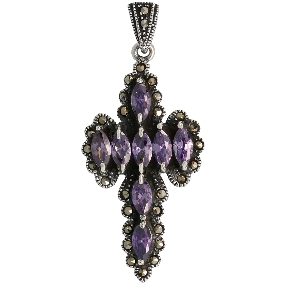 STERLING SILVER MARCASITE SWORD CROSS PENDANT, W/ MARQUISE CUT 8X4 MM AMETHYST CZ STONES, 1 7/8" (48 MM) TALL