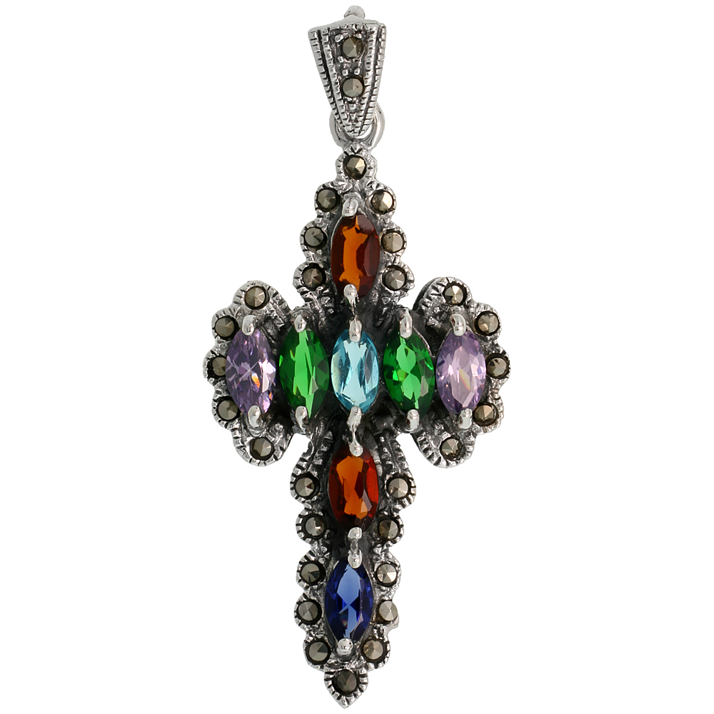 STERLING SILVER MARCASITE SWORD CROSS PENDANT, W/ MARQUISE CUT 8X4 MM MULTI CZ STONES, 1 7/8" (48 MM) TALL
