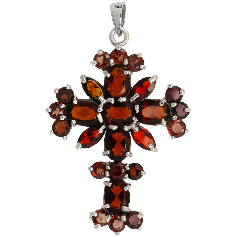 STERLING SILVER MARCASITE FLORAL CROSS PENDANT, W/ BRILLIANT, OVAL & MARQUISE CUT GARNET STONES, 1 7/8" (48 MM) TALL