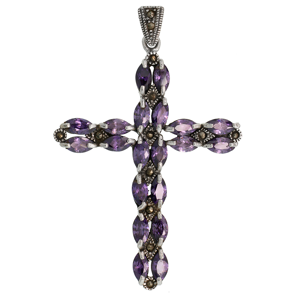 STERLING SILVER MARCASITE LATIN CROSS PENDANT, W/ MARQUISE CUT 8X4 MM AMETHYST CZ STONES, 2 1/2" (63 MM) TALL