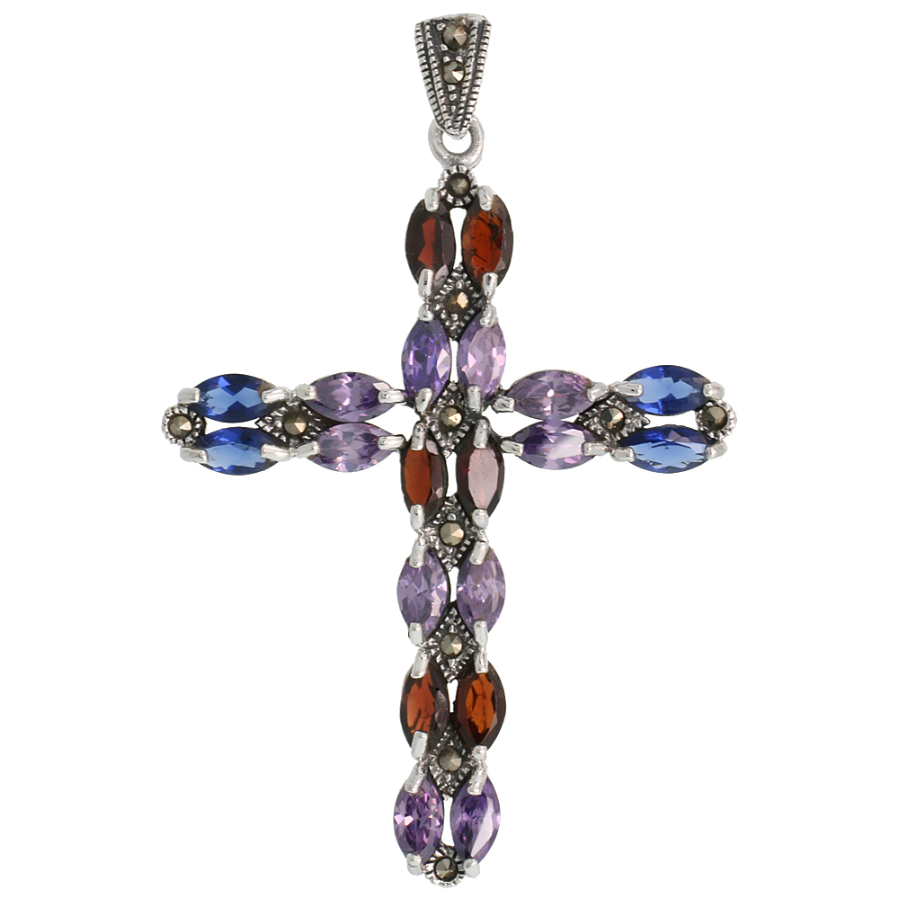 STERLING SILVER MARCASITE LATIN CROSS PENDANT, W/ MARQUISE CUT 8X4 MM MULTI CZ STONES, 2 1/2" (63 MM) TALL
