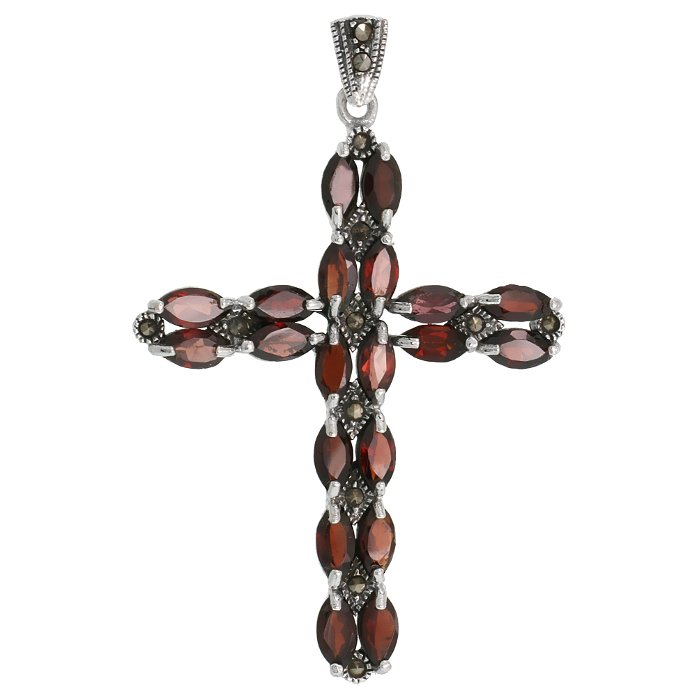STERLING SILVER MARCASITE LATIN CROSS PENDANT, W/ MARQUISE CUT 8X4 MM GARNET STONES, 2 1/2" (63 MM) TALL