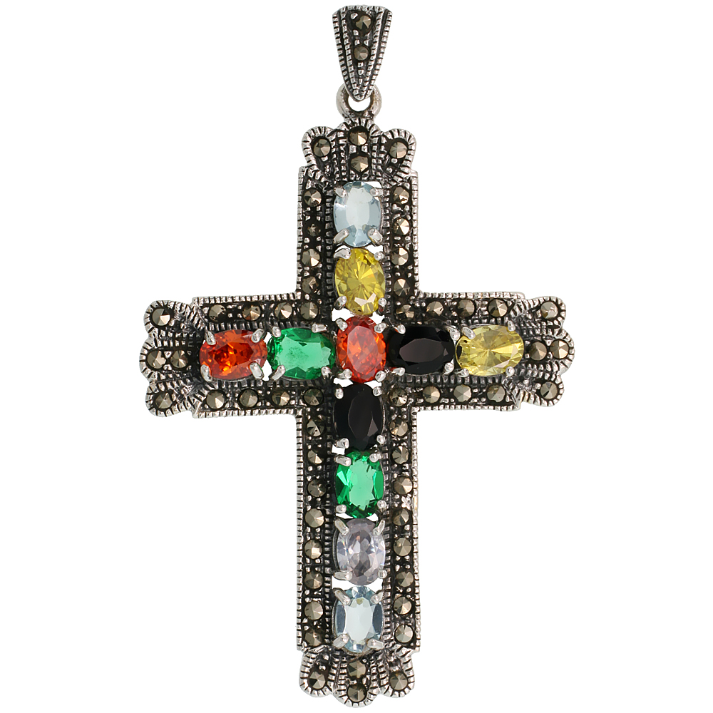 STERLING SILVER MARCASITE CURVY CROSS PENDANT, W/ OVAL CUT 7X5 MM MULTI CZ STONES, 2 9/16" (66 MM) TALL