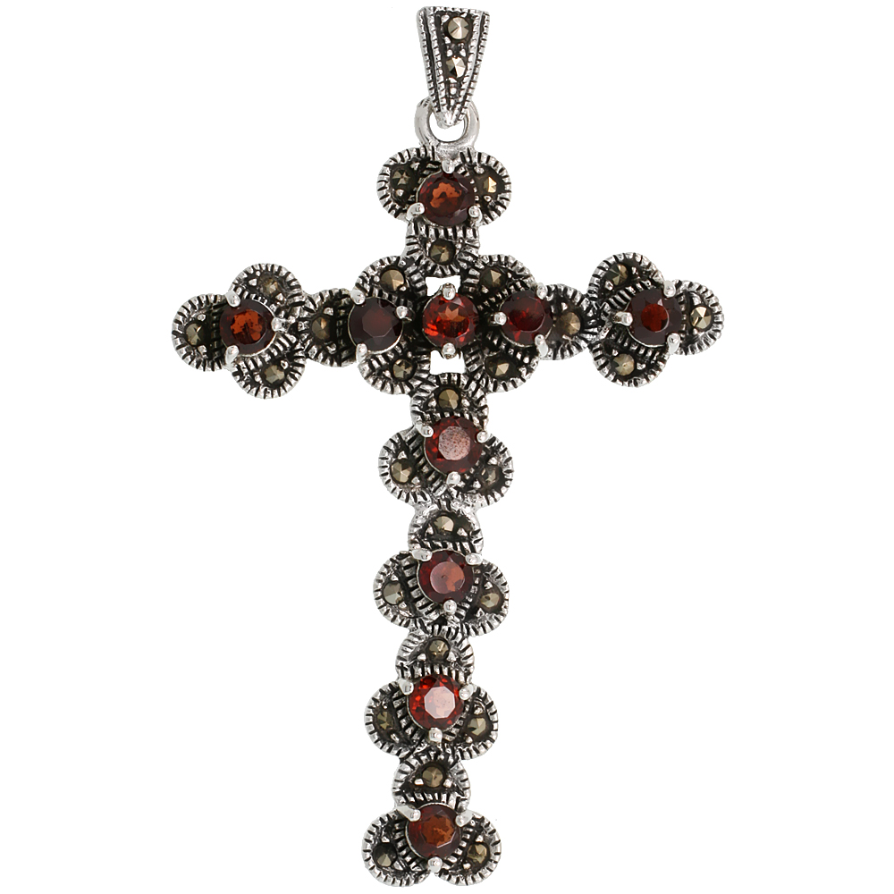STERLING SILVER MARCASITE FLORAL CROSS PENDANT, W/ BRILLIANT CUT 3 MM GARNET STONES, 2 1/2" (64 MM) TALL