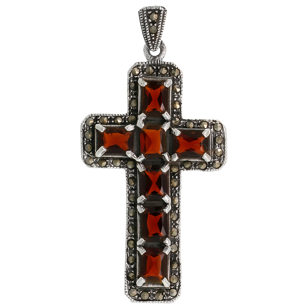 STERLING SILVER MARCASITE LATIN CROSS PENDANT, W/ EMERALD CUT 9X7MM GARNET STONES, 2 1/4" (58 MM) TALL