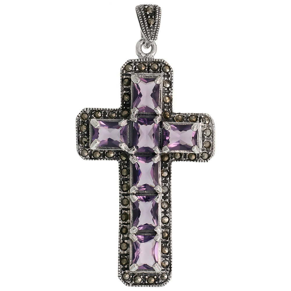 STERLING SILVER MARCASITE LATIN CROSS PENDANT, W/ EMERALD CUT 9X7MM AMETHYST CZ STONES, 2 1/4" (58 MM) TALL