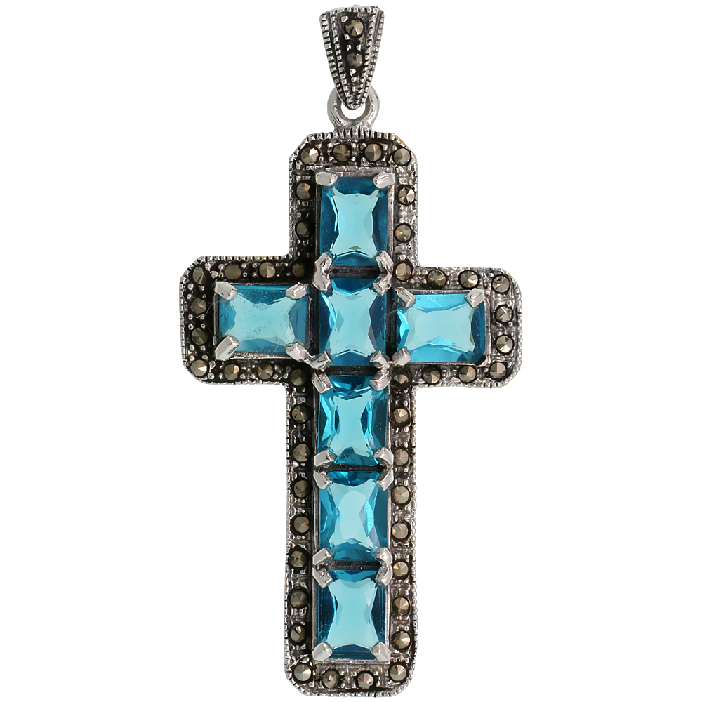 STERLING SILVER MARCASITE LATIN CROSS PENDANT, W/ EMERALD CUT 9X7MM BLUE TOPAZ CZ STONES, 2 1/4" (58 MM) TALL