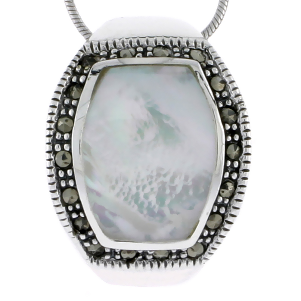 MARCASITE PENDANT IN STERLING SILVER, W/ MOTHER OF PEARL, 15/16" (24 MM) TALL