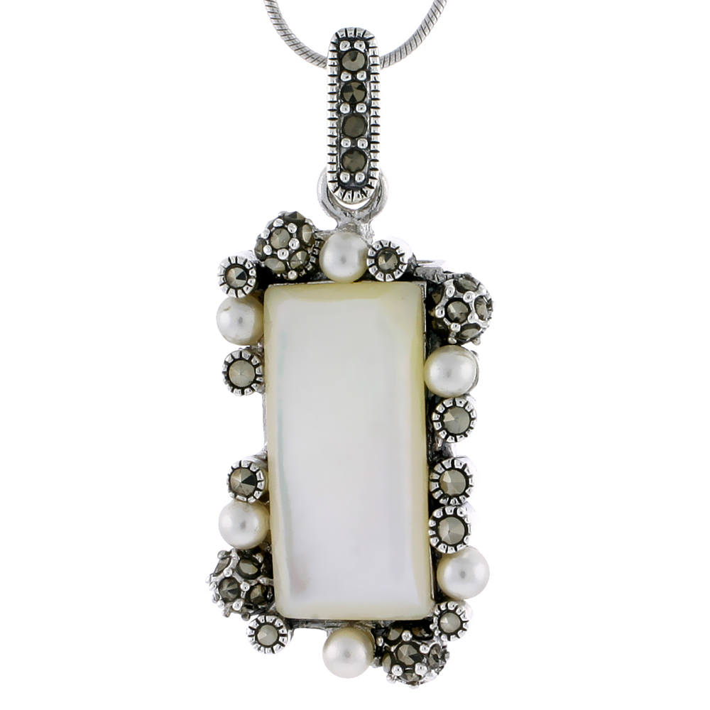 MARCASITE RECTANGULAR PENDANT IN STERLING SILVER, W/ MOTHER OF PEARL, 1 7/16" (37 MM) TALL