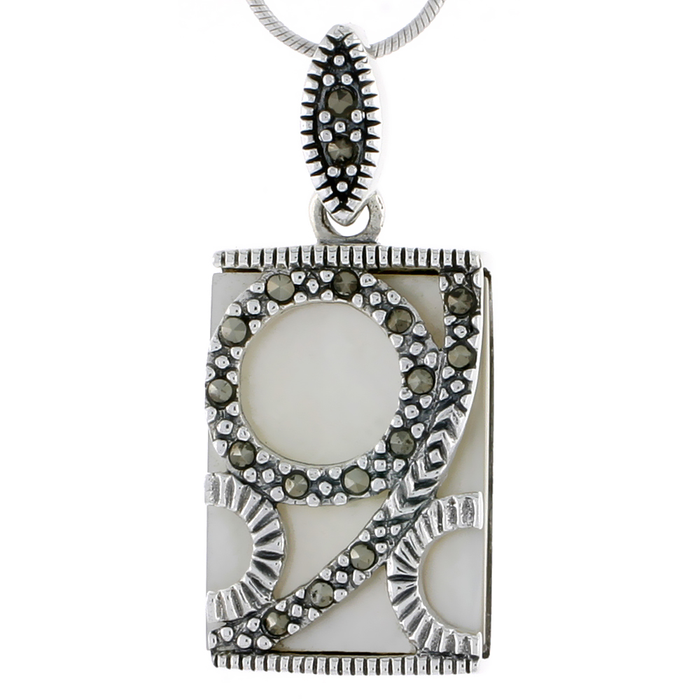 MARCASITE RECTANGULAR PENDANT IN STERLING SILVER, W/ MOTHER OF PEARL, 1 7/16" (37 MM) TALL