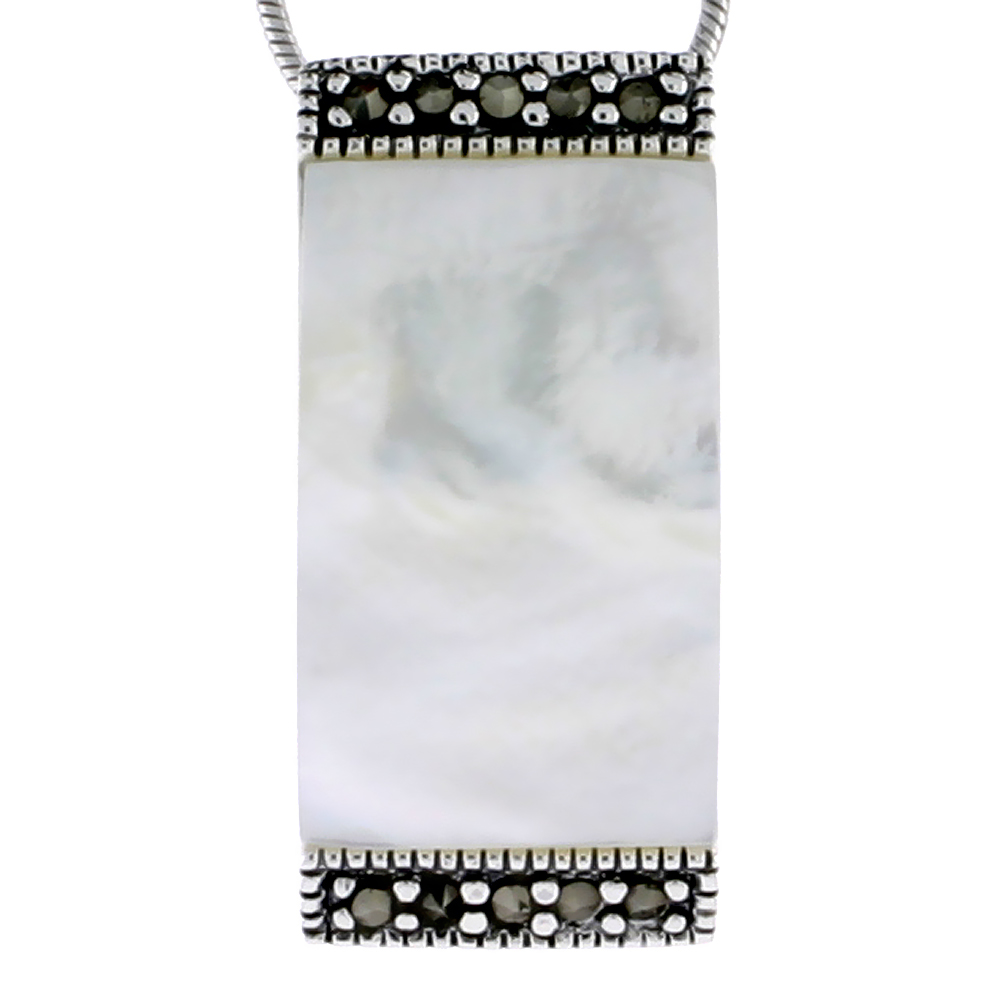 MARCASITE RECTANGULAR PENDANT SLIDE IN STERLING SILVER, W/ MOTHER OF PEARL, 1 1/16" (27 MM) TALL