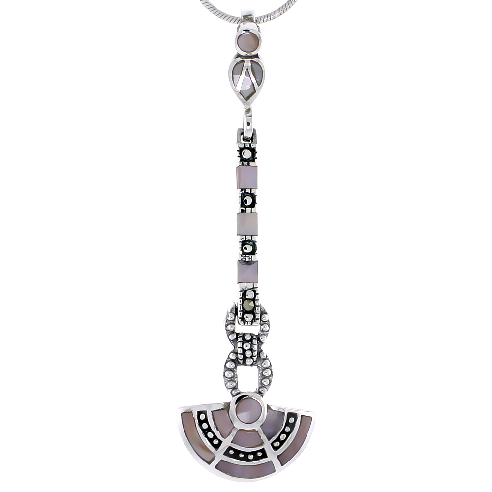 MARCASITE FAN-SHAPED PENDANT IN STERLING SILVER, W/ MOTHER OF PEARL, 2 1/8" (54 MM) TALL