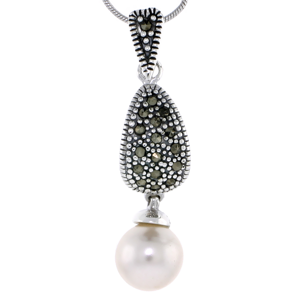 MARCASITE PENDANT IN STERLING SILVER, W/ FAUX PEARL, 1 5/8" (41 MM) TALL