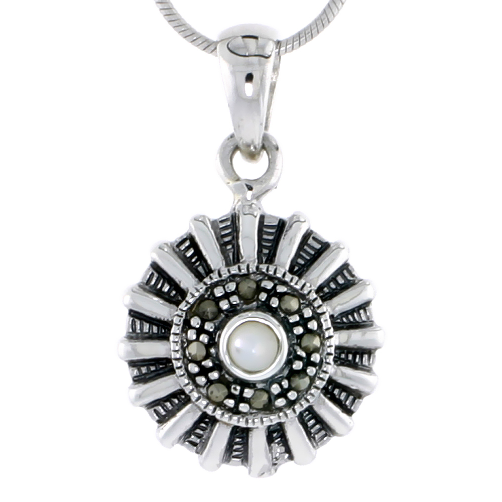 MARCASITE PENDANT IN STERLING SILVER, W/ MOTHER OF PEARL, 13/16" (21 MM) TALL