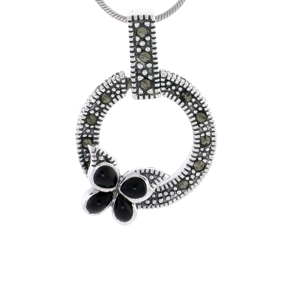 MARCASITE BUTTERFLY PENDANT IN STERLING SILVER, W/ BLACK ONYX, 1" (25 MM) TALL