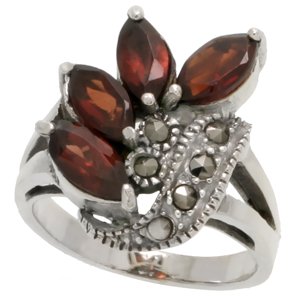 STERLING SILVER MARCASITE FREEFORM RING, W/ NATURAL GARNET, 3/4" (19 MM) WIDE