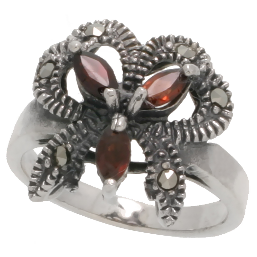 STERLING SILVER MARCASITE RIBBON RING, W/ NATURAL GARNET, 11/16" (17 MM) WIDE