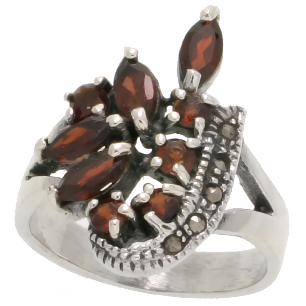 STERLING SILVER MARCASITE FREEFORM RING, W/ NATURAL GARNET, 3/4" (19 MM) WIDE