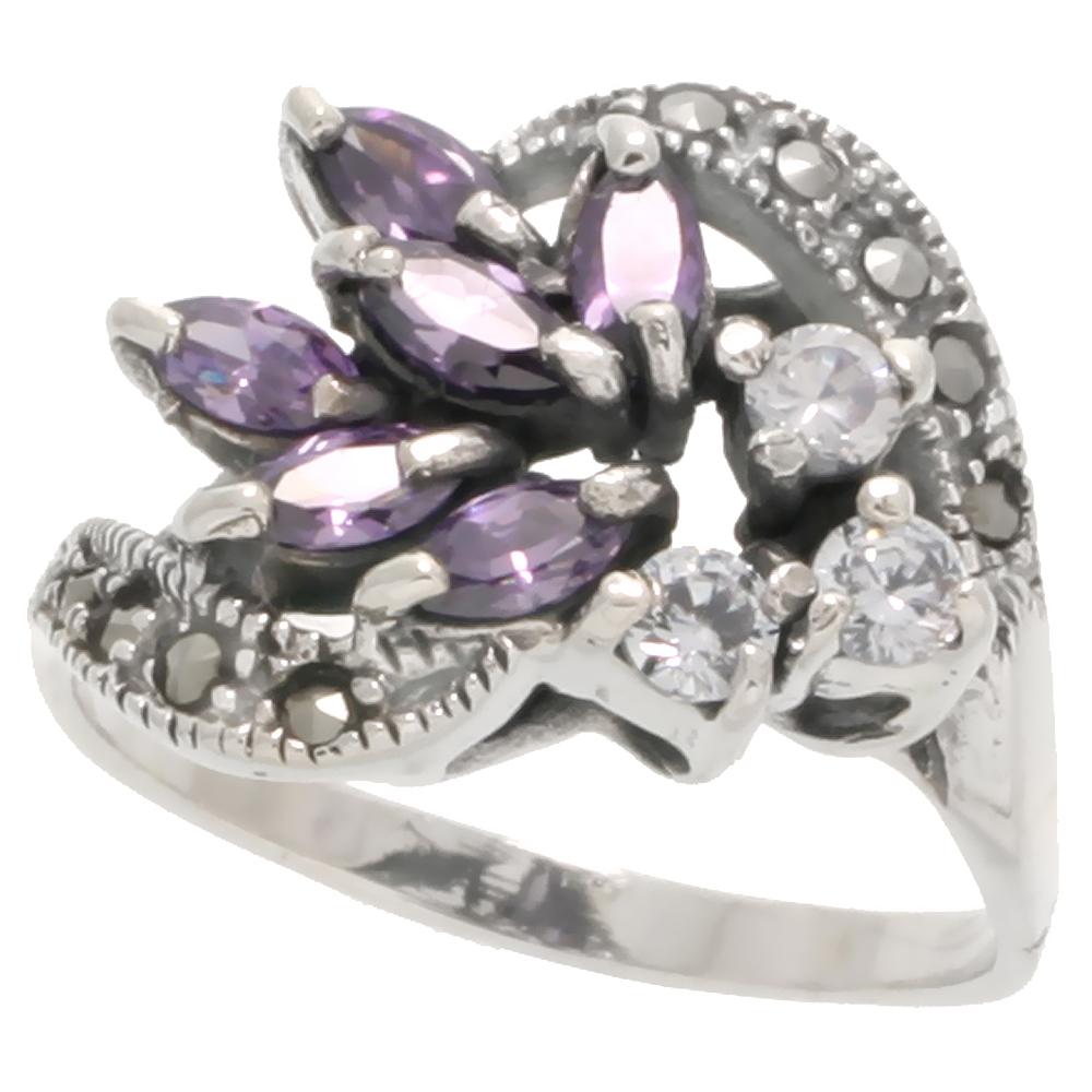 STERLING SILVER MARCASITE SWIRL RING, W/ MARQUISE CUT AMETHYST-COLORED & BRILLIANT CUT CLEAR CZ STONES, 9/16" (14 MM) WIDE